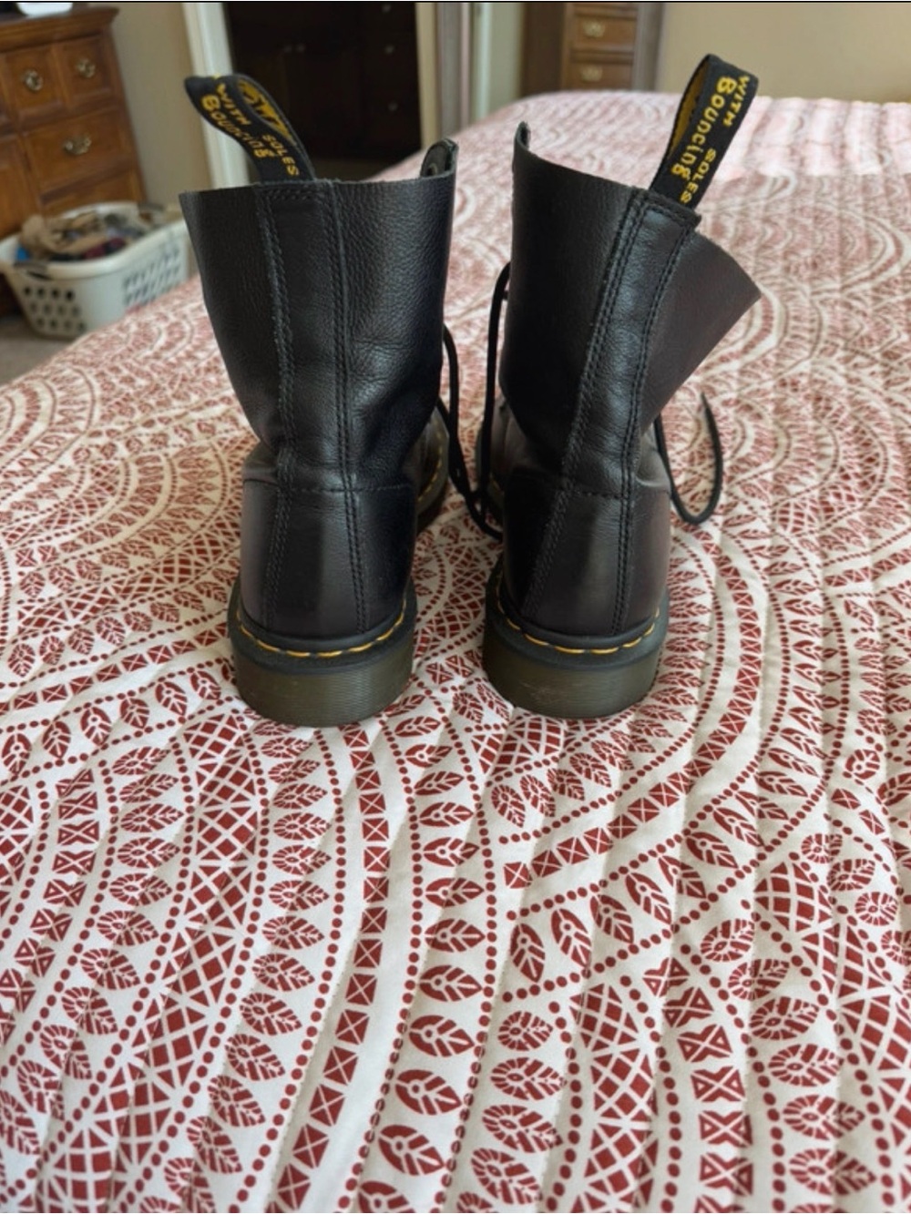 Dr. Martens Pascal Black Leather Lace-Up Combat Boots with Yellow Stitching - Picture 3 of 7